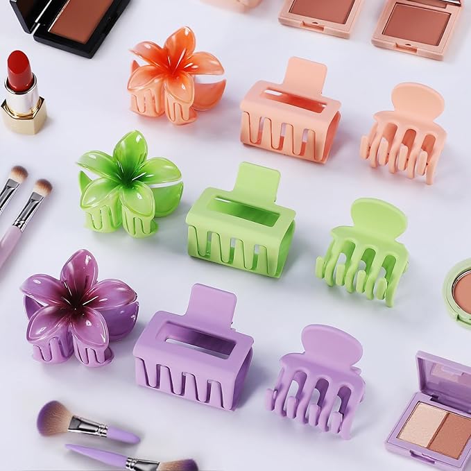 Hair Clips for Women 9 Pack Medium Claw Clips, No Slip Strong Hold Hair Clips for Thick & Thin Hair, Flower Square Aesthetic Styles for Everyday Styling, Trendy Hair Accessories (Purple)