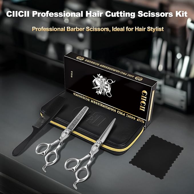 CIICII Professional Hair Cutting Scissors Kit, 440C 7″ Barber Shears Set