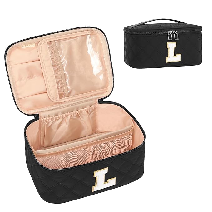 OCHEAL Makeup Bag for Women, Monogram Cosmetic Bag Black Travel Makeup Case Beauty Toiletry Bag Organizer Personalized Gifts for Girls Bridesmaid, Sister, Wife, Friends Initial L
