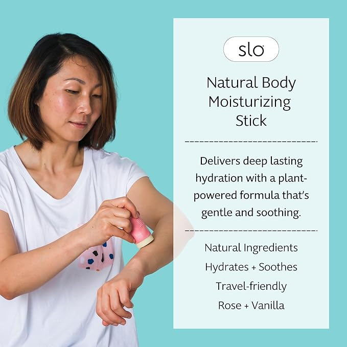 Slo Moisturizing Stick - Solid Body Balm with Organic Ingredients - Hydrates & Nourishes - Cocoa Butter, Coconut Oil and Vitamin E - Travel-Friendly Lotion Stick - Rose + Vanilla Scent, (2.1 oz/60g)