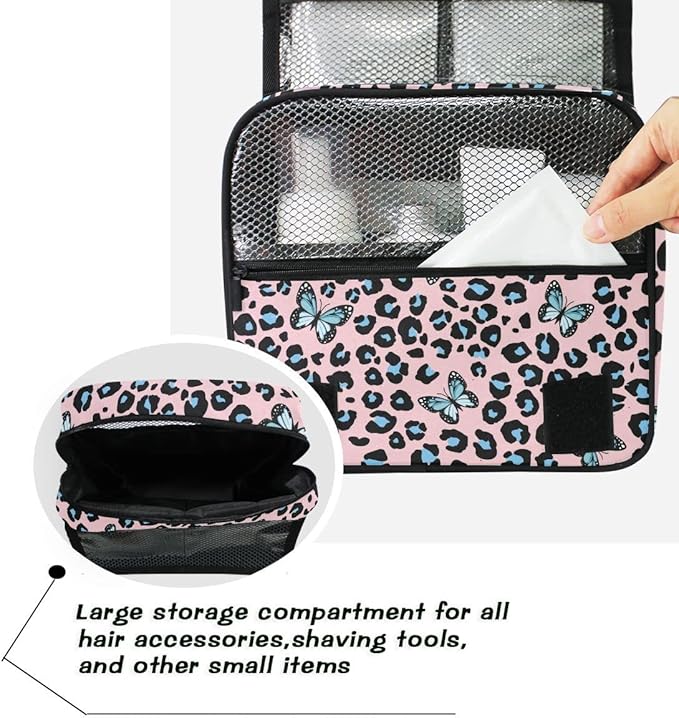 senya Hanging Travel Toiletry Bag Blue Butterfly Leopard Print Kit Makeup Case Cosmetics Organizer for Men Women 1.0 Fl Oz