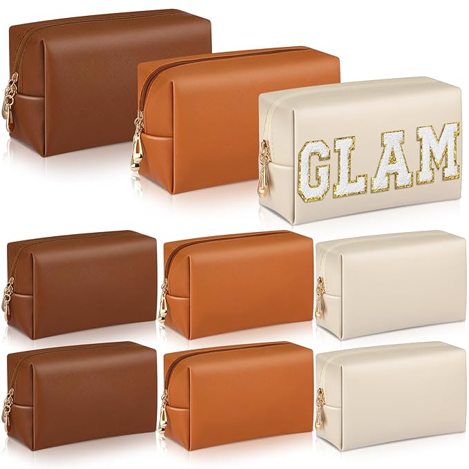 Sanwuta 9 Pcs Makeup Bags Bulk Bridesmaid Proposal Gifts Cosmetic Bags Preppy PU Leather Double Zipper Toiletry Pouch Portable Travel Organizer Case for Women Bachelorette Gift(Brown Series)