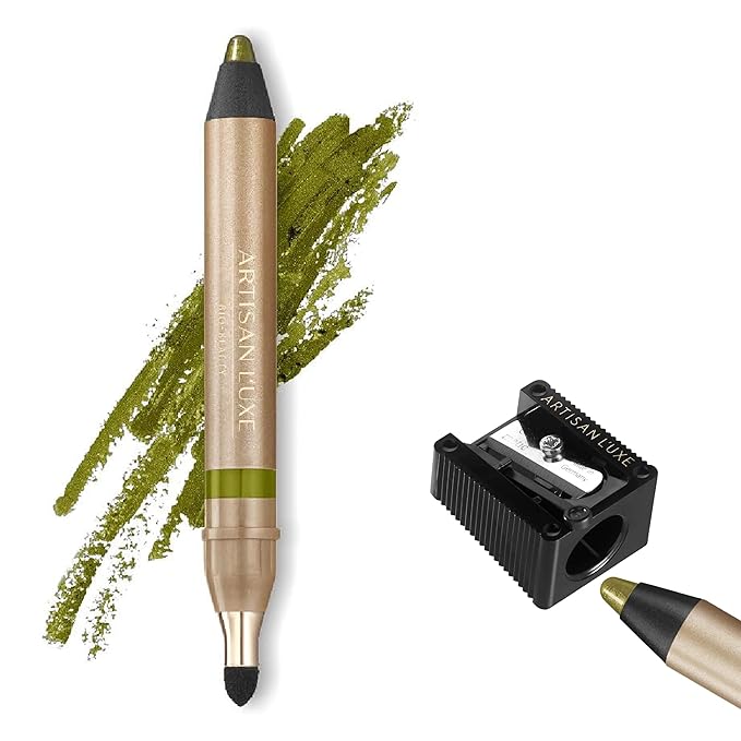 Artisan L'uxe Beauty Velvet Jumbo Olive Green Eyeliner with Free Sharpener | Blendable Makeup for Smokey Eyes - Waterproof Smudge Proof Pencil Eyeliner, Built-in Smudger & Long Lasting