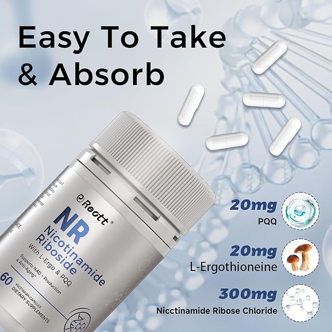 REOTT NR Nicotinamide Riboside Supplement 300mg, Supports NAD+ Boosting, 60 Capsules, with L-Ergothioneine and PQQ for Cell Health & Healthy Aging
