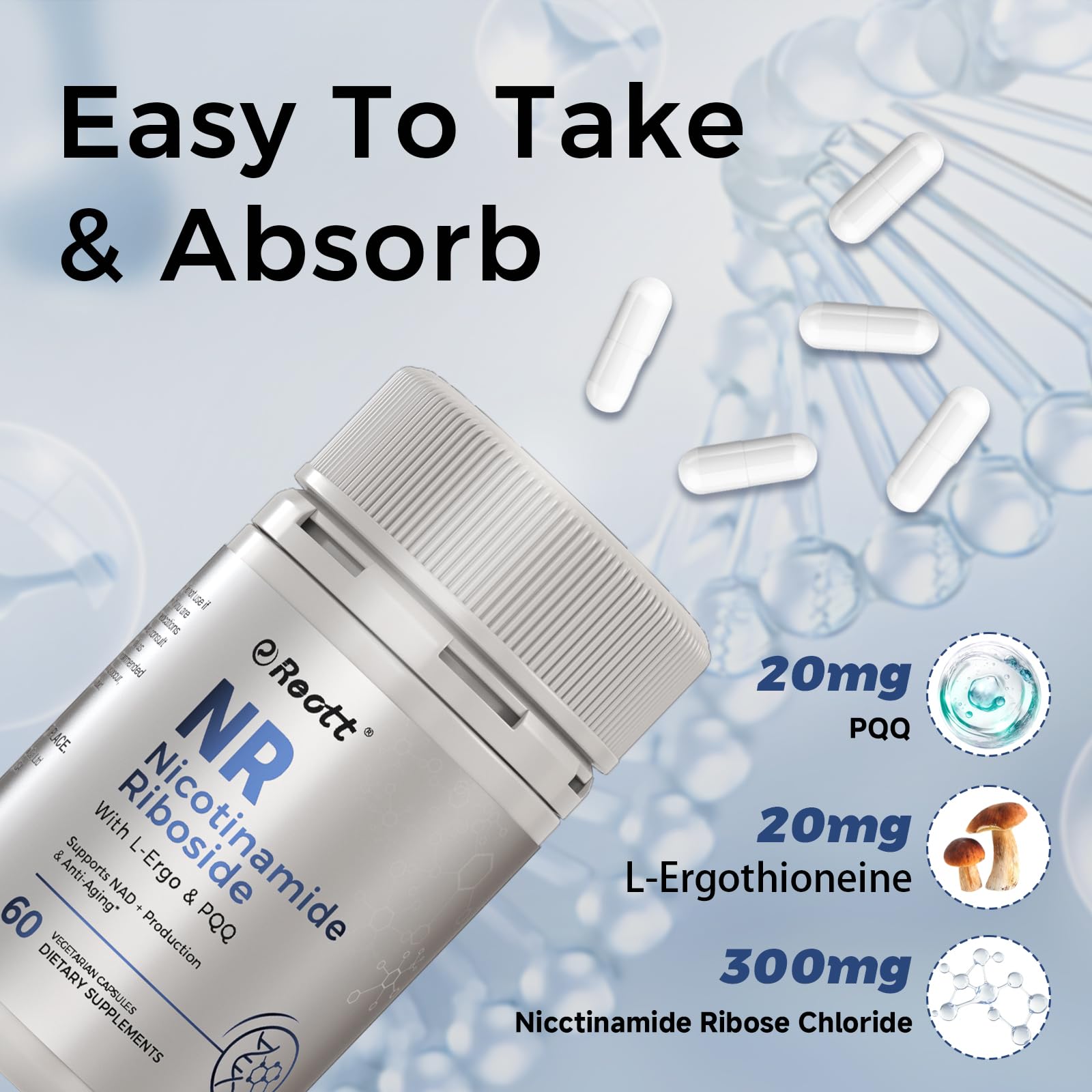 REOTT NR Nicotinamide Riboside Supplement 300mg, Supports NAD+ Boosting, 60 Capsules, with L-Ergothioneine and PQQ for Cell Health & Healthy Aging
