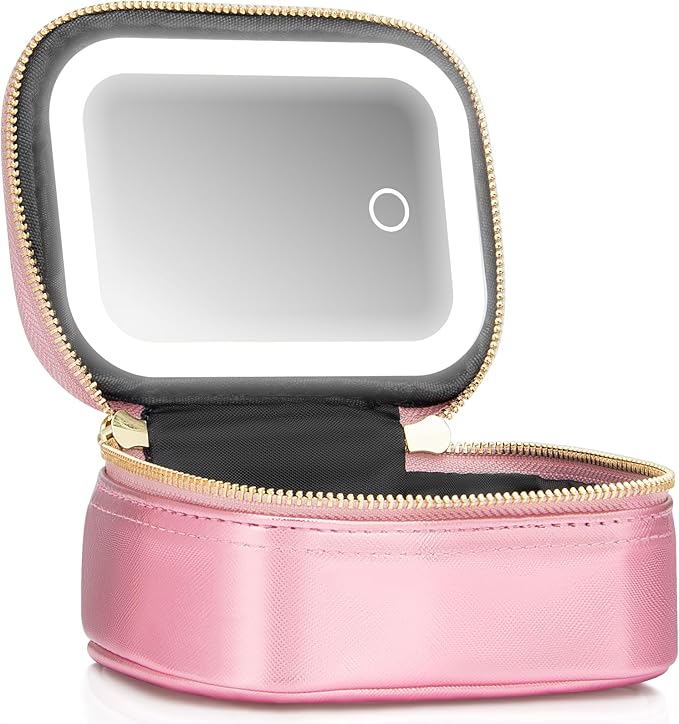 Mini Makeup Bag with Led Mirror,Small Travel Make up Bag 3 Light Modes Adjustable Brightness, for Women Organizer Cosmetic Bag, Portable Travel Train Toiletry Bag, for Pool Parties Work Touch-Ups