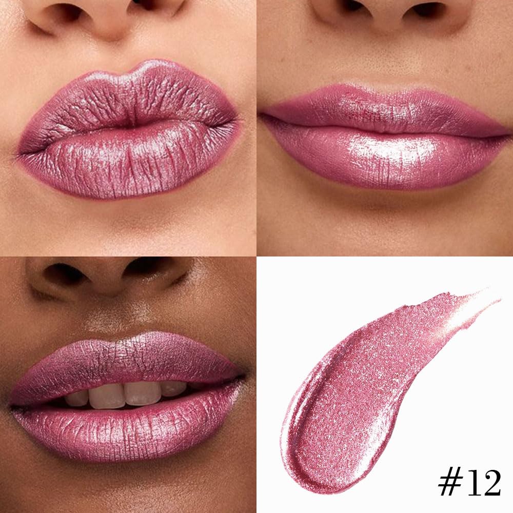 evpct Warm Pink Metallic Glitter Lip Liner and Lipstick Combo Lip Gloss Stain Set Makeup for Women Long Lasting Waterproof 24, Baby Pink Metallic Shimmer Frosted Iridescent Glossy Liquid Lipstick 12