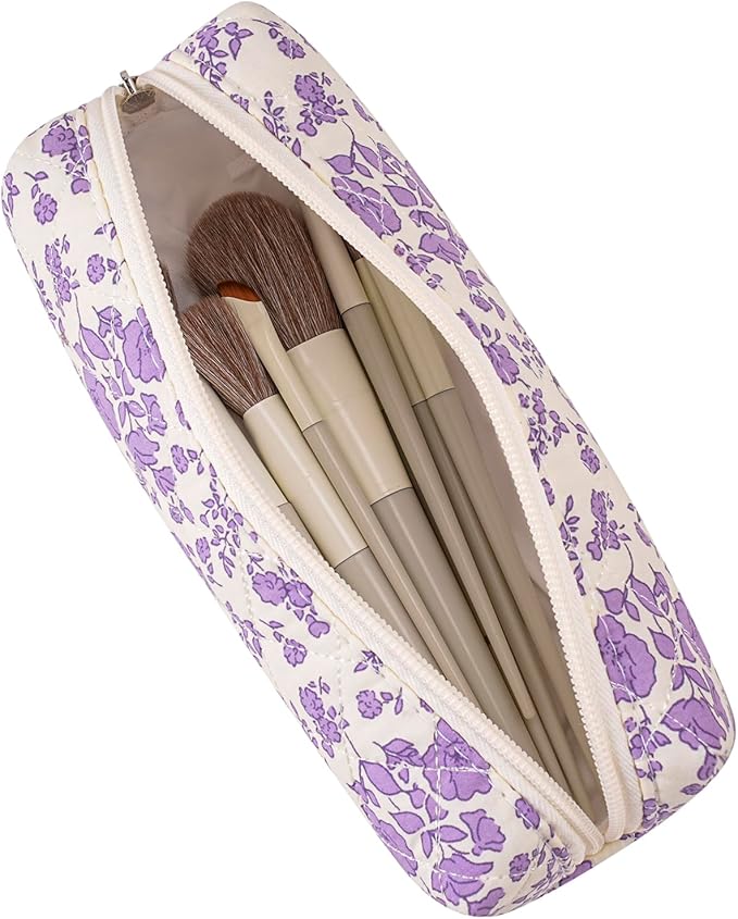HHQQWZ Cute Floral Cotton Makeup Brush Cosmetic Bag for Women, Travel Quilted Zipper Make Up Bag, Flowers Toiletry Organizer Case Kawaii Makeup Cosmetic Travel Cloth Pouch (Blue+Big Purple Floral)
