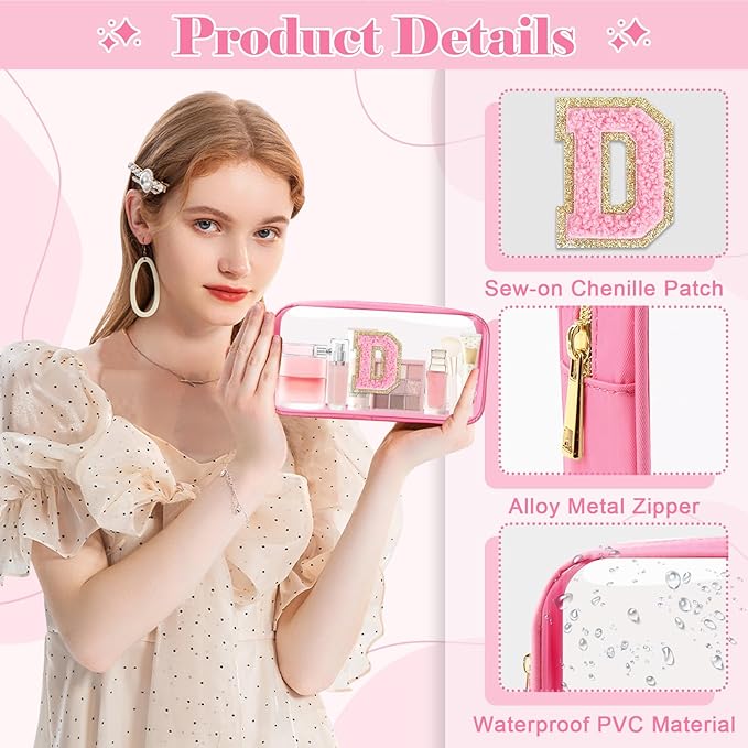 Personalized Initial Letter Clear Makeup Bag,Preppy Small Nylon&PVC Cosmetic Zipper Bag with Chenille Letter,Portable Beach Travel Skincare Toiletry Bag,Trendy Monogram Gift for Teen Girls Women,D