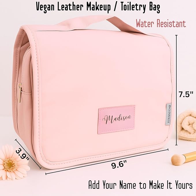 Personalized Vegan Leather Travel Toiletry Bag for Women, Water Resistant Hanging Toiletry Organizer with Hook, Custom Name Gift, Bridesmaid Wedding Travel Gift, Birthday Gift for Her, Mothers day
