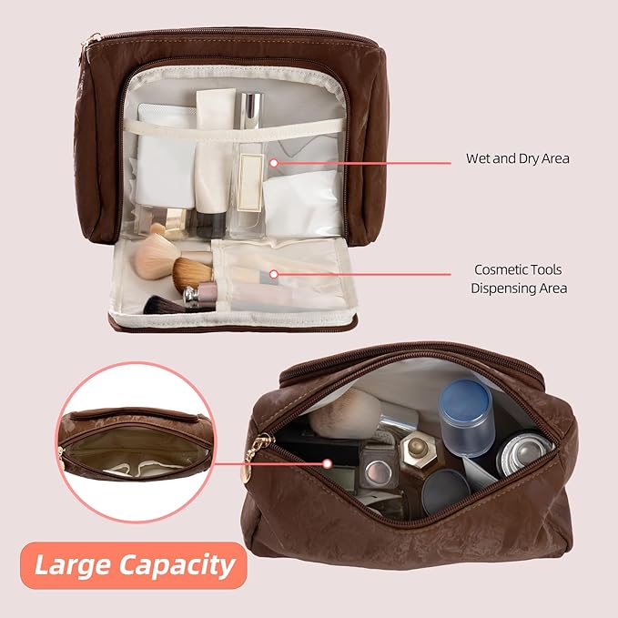 YIYIDSTO Cosmetic Bag Travel Makeup Bag Large Capacity Small Travel Zipper Pouch Makeup Organizer Bag for Women (Brown-2 Pack)