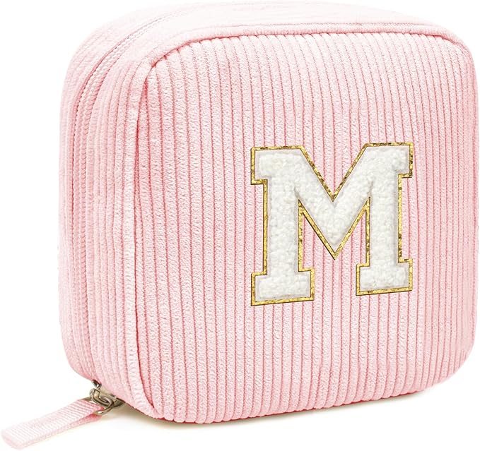 Cute Makeup Bag for Women - Monogram Personalized Initial Makeup Bags Cosmetic Pouch Pink Make Up Case for Women Her Best Friend Friendship Sister Teacher, Mothers Day Gifts for Mom (Letter M, Pink)