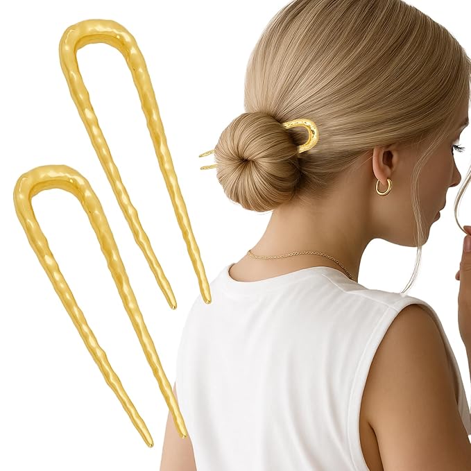JIRIS 2PCS 3.8Inch French Hair Pins U-Shaped Pins for Women and Girls Fashion Metal Hair Pin French Twist Hair Pins for Buns, Updos,Stylish and Functional(set2-gold)