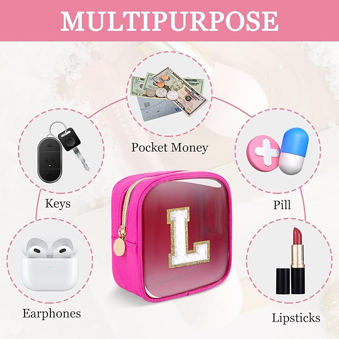 Mini Clear Personalized Initial Makeup Bag,Nylon Preppy A-Z Chenille Letter Patch Zipper Cosmetic Bag, Small Cute Beach Pouch Travel Purse Sanitary Napkin Storage Bag for Women Girls(Hot Pink-White L)