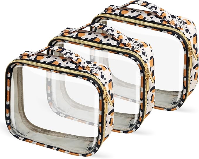 FAYORORY TSA Approved Travel Toiletry Bag,3 Pack Clear Makeup Bags with Handles,Quart Size Clear Cosmetic Bags for Traveling Women,Men,Carry on Airport Airline Compliant Bag,Leopard