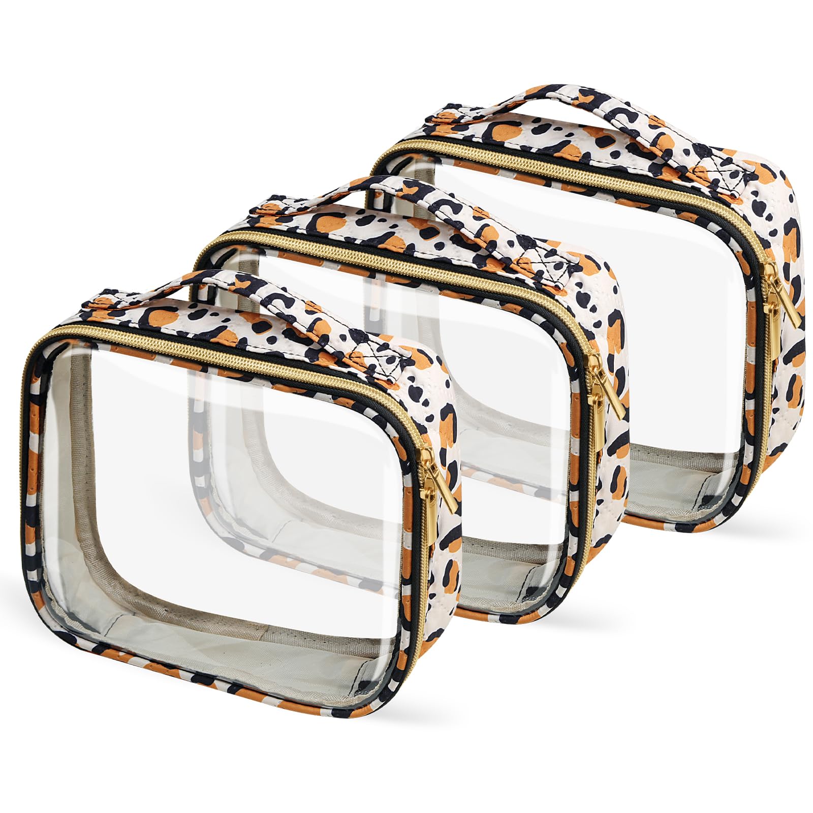FAYORORY TSA Approved Travel Toiletry Bag,3 Pack Clear Makeup Bags with Handles,Quart Size Clear Cosmetic Bags for Traveling Women,Men,Carry on Airport Airline Compliant Bag,Leopard