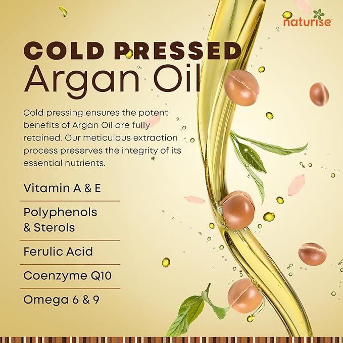 Naturise Organic Argan Oil for Hair & Skin – Cold Pressed, Unrefined, Pure Argan Oil of Morocco for Face Skin Moisture & Hair Growth – Non-GMO, Gluten Free Oils with Vitamins & Fatty Acids (2 fl. oz.)