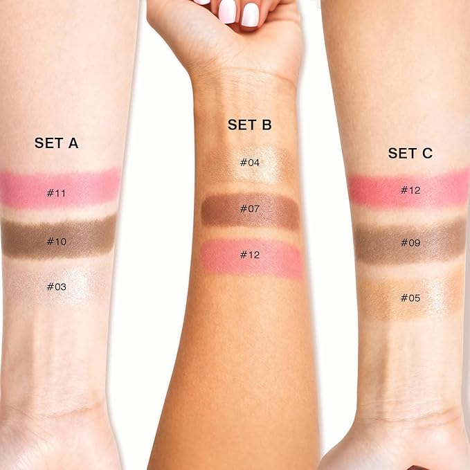 3Pcs Cream Contour Sticks, Shades with Highlighter & Blush & Bronzer Stick, Makeup Contour Stick Set for Sculpt the Cheeks Long Lasting Dewy & Matte Finish Lightweight LIGHT MEDIUM (SET-C)