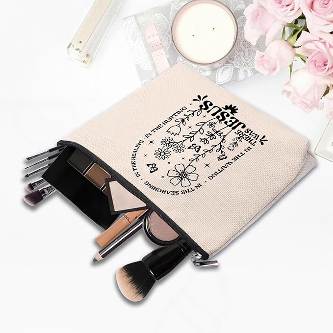 CEASQVAA Boho Floral Christian Makeup Bag, Christian Gifts for Women, Bible Stuff Prayer Supplies, There Was Jesus Cosmetic Bag Pouch