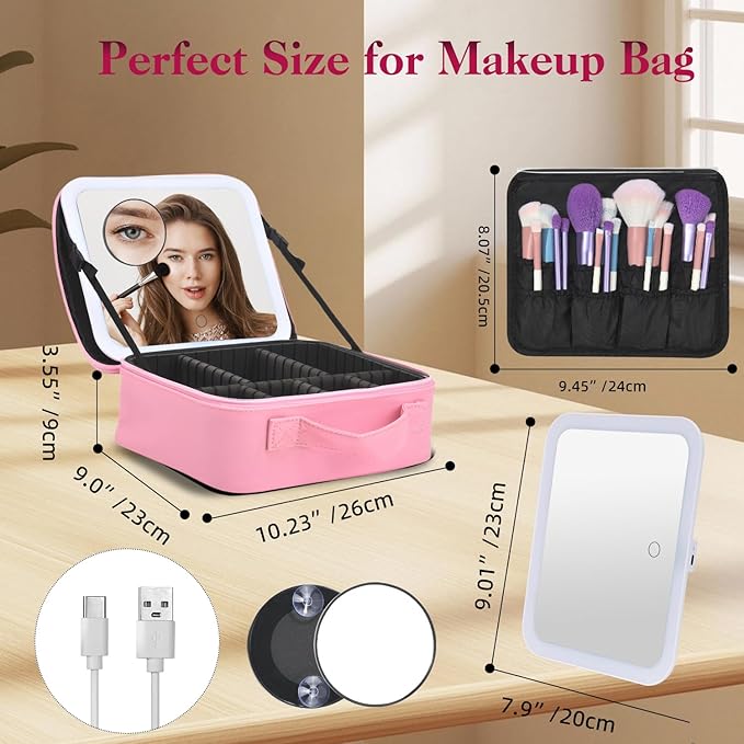 Yaliang Travel Makeup Bag with Mirror & 6 Adjustable EVA Dividers, Hot Pink