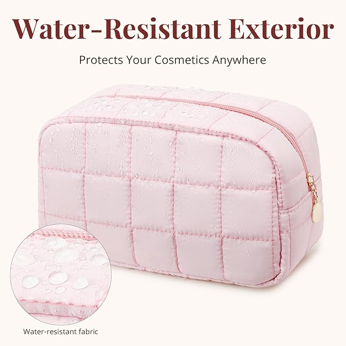 LOVELYWIND Makeup Bag, Quilted Puffy Travel Toiletry Bag with Compartments, Wide-Open Cosmetic Bag for Women, Pouch Purse Organizer, Pink