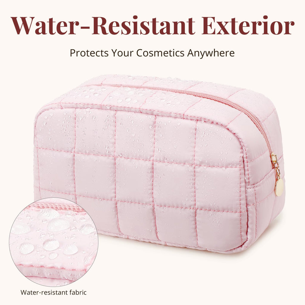 LOVELYWIND Makeup Bag, Quilted Puffy Travel Toiletry Bag with Compartments, Wide-Open Cosmetic Bag for Women, Pouch Purse Organizer, Pink