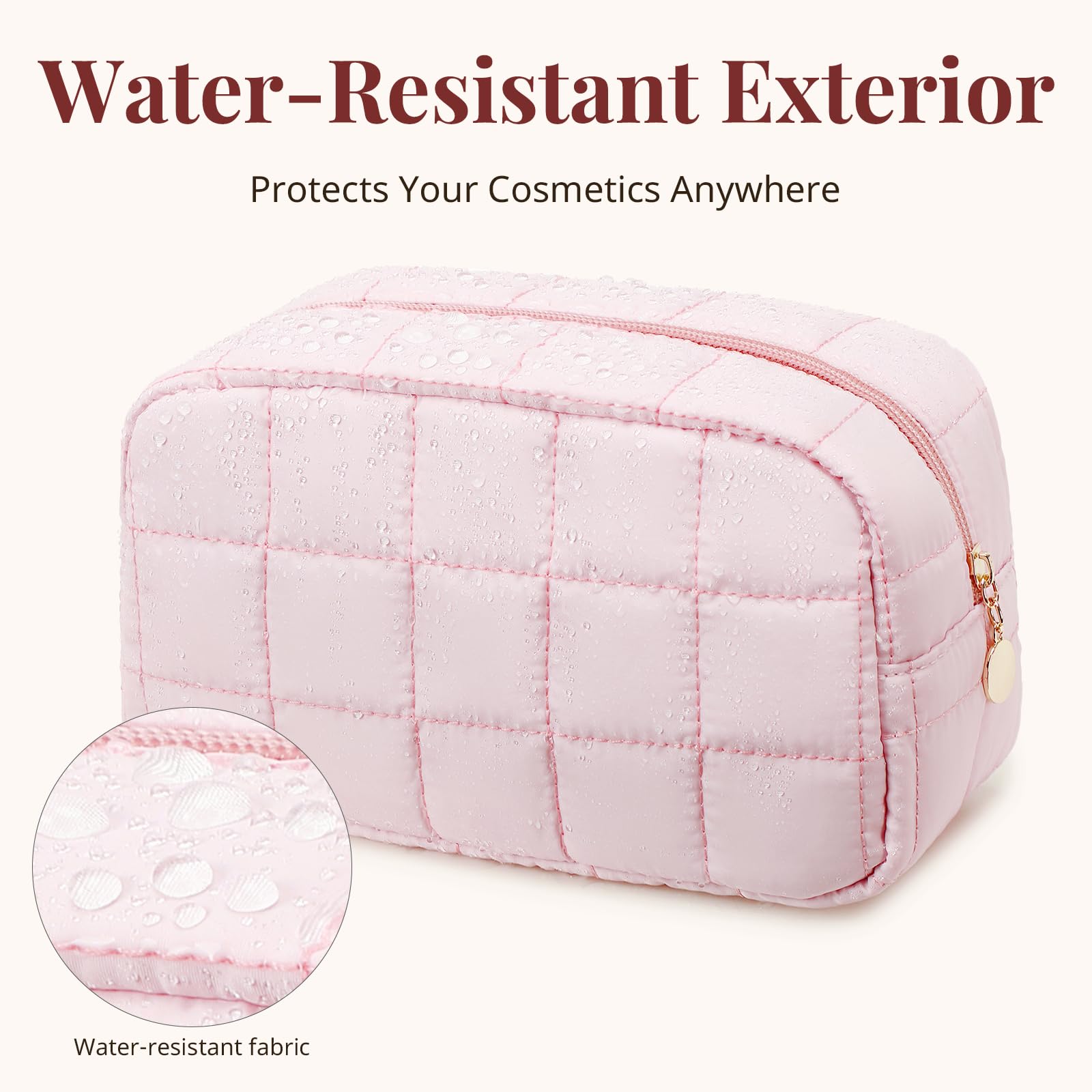 LOVELYWIND Makeup Bag, Quilted Puffy Travel Toiletry Bag with Compartments, Wide-Open Cosmetic Bag for Women, Pouch Purse Organizer, Pink
