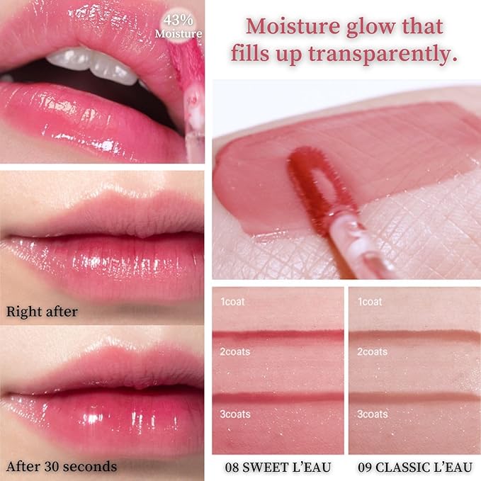 BBIA L’EAU Tint – Glossy & Glow Lip Stain Watery Lip Tint Non-Sticky High Shine Finish Long-lasting Moisturizing Lightweight Natural Daily Use Vegan Korean Makeup (05 PEONY L'EAU)