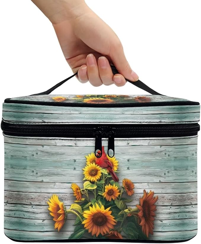 Drydeepin Cardinal Bird and Sunflower Print Travel Makeup Bags for Women Portable Tote Cosmetic Case with Carry Handle Toiletry Accessories Storage Organizer Bags