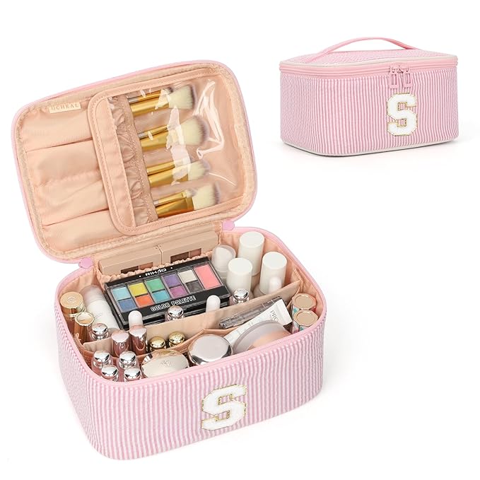 OCHEAL Makeup Bag for Women, Monogram Cosmetic Bag Pink Travel Makeup Case Beauty Toiletry Bag Organizer Personalized Gifts for Girls Bridesmaid, Sister, Wife, Friends Initial S