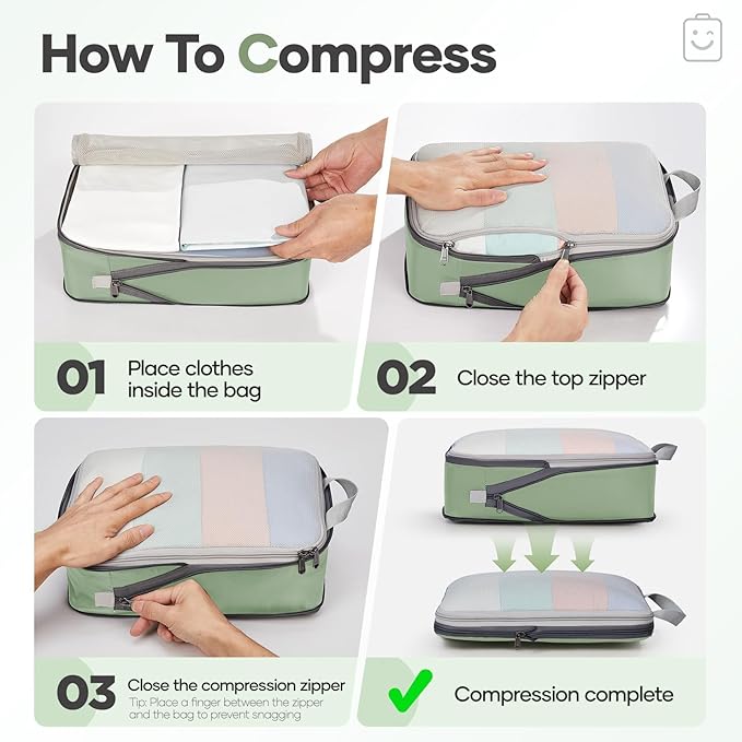 Veken 11 Set Compression Packing Cubes Garment Bags for Travel Essentials,Compressible Expandable Luggage Organizer Bags for Clothing,Space Saver Bags with Over 1000 pcs of Mesh Holes(Matcha Green)