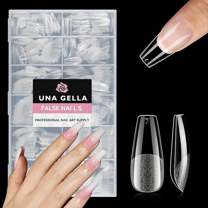 UNA GELLA Medium Coffin Nails Tips 312Pcs Pre-Etched Gel Nail Tips Coffin Press On Nails Clear Full Cover for Nail Extensions & DIY Art Salon at Home, Long Lasting 12 Sizes