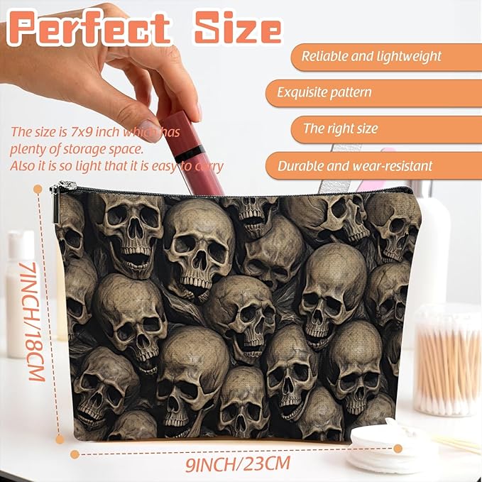 Scribesense Makeup Bag Travel Cosmetic Bags Small Makeup Case Waterproof Zipper Pouch for Women Girls 7X9inches - Array of Human Skulls in A Dark Setting
