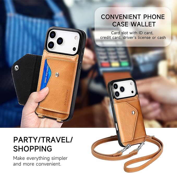 LUCKYCOIN Crossbody Phone Case for iPhone 17 Pro Max, 100% Genuine Leather Phone Wallet Case for Women, Premium Hands-Free Phone Purse with Expandable Flip Card Holder & Adjustable Strap - Retro Tan