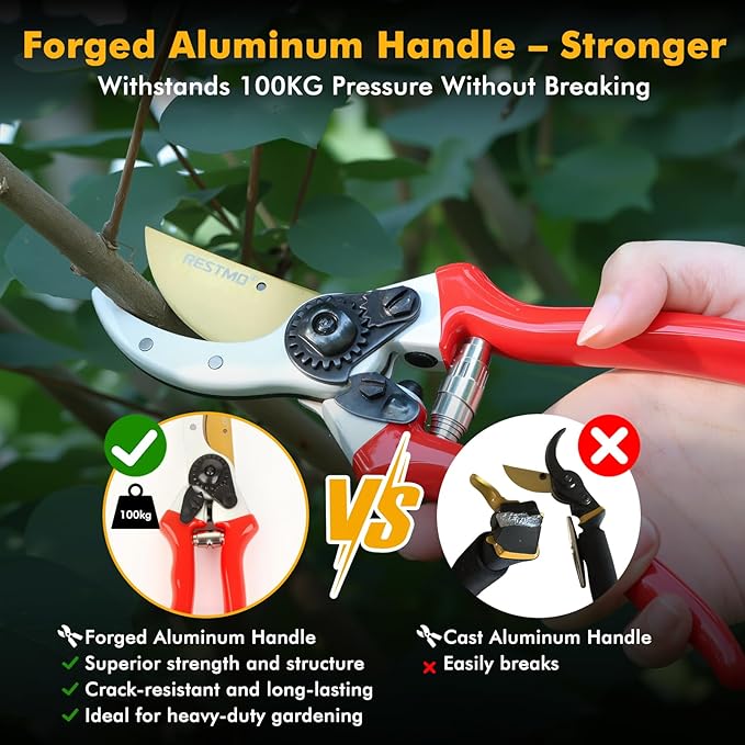 RESTMO Pruning Shears, 8.6 Inch, Titanium Blade, Bypass, Red