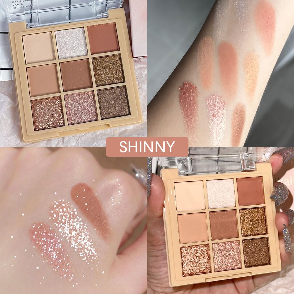 CAKAILA 9Colors Nude Champagne Gold Rose Brown Colorful Glitter Eyeshadow Palette Makeup,Korean Natural Neutral Rainbow Eyeshadow Palettes Naturing-Looking Long Lasting Waterproof Blendable