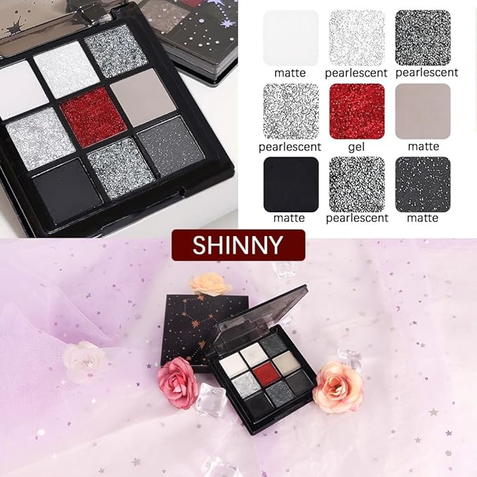 CAKAILA Smokey Black Red Eyeshadow Palette,9 Colors Dark Shimmer Matte Metallic Makeup Pallet,Make Up Kit for Halloween Parties Christmas Joker Vampire Clown,Long Lasting Waterproof