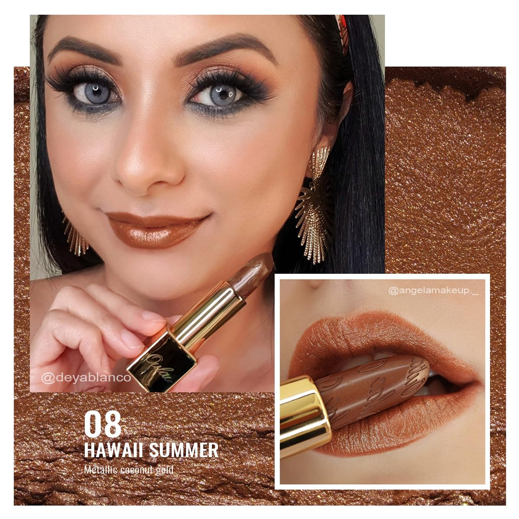Oulac Dark Brown Lipstick for Women with Metallic 3D Shine Lightweight Hydrating Formula, High Impact Lip Color, Full Coverage Lip Makeup, Vegan & Gluten Free, Hawaii Summer(08)