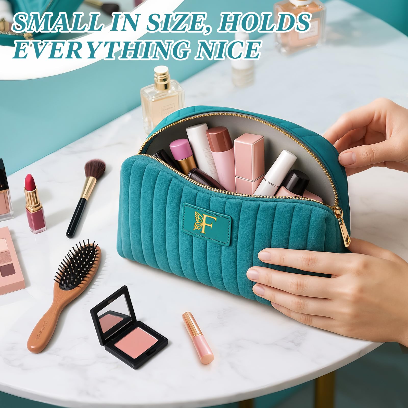 BagUrshion Monogrammed Make Up Bags for Women,Personalized Cosmetic Bags Women,Small Quilted Makeup Pouch,Cute Makeup Bag Travel,Birthday Gifts for Teen Girl (Blue F)