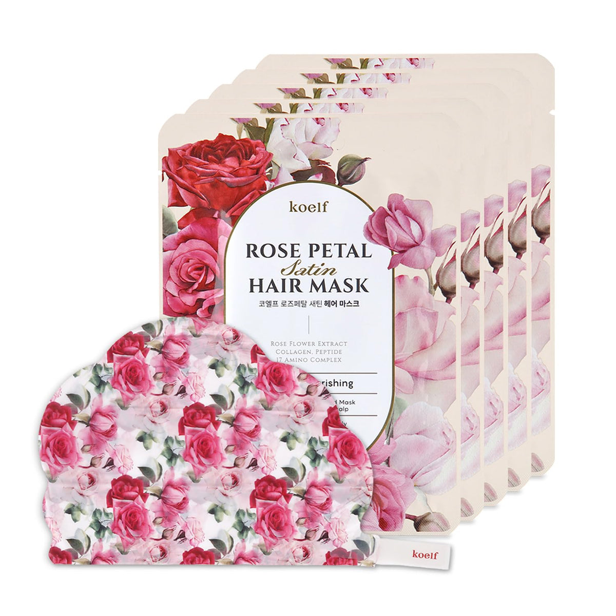 Koelf Rose Petal Satin Hair Mask (5 Caps) - Nourishing & Moisturizing Cap Mask for Soft, Silky Hair, Rose Scented Hair Mask with Peptides, Collagen & Argan Oil