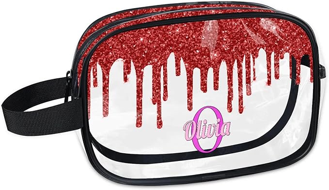 KFNHN Personalized Travel Cosmetic Bag Waterproof Makeup Bags, Custom Name Clear PVC Organizer Case Toiletries Container Bag, Water Fluid Red Sequins