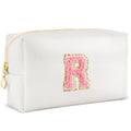 URSKYTOUS Initial Makeup Bag Personalized Preppy Travel Small Cosmetic Bag Cute PU White Chenille Letter Makeup Pouch for Purse Waterproof Zippered Toiletry Organizer for Women Girls Kids Friends (R)