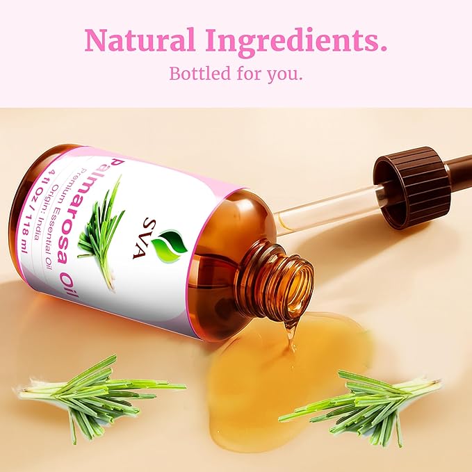 SVA Palmarosa Essential Oil, Glass Bottle with Dropper, 4 Fl Oz (118 ml)