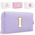 Small Personalized Letter Makeup Bag, Cute PU Leather Chenille Letters Cosmetic Bag Travel Makeup Pouch, Preppy Travel Organizer Zipper Pouch for Women&Girls（Purple-I）