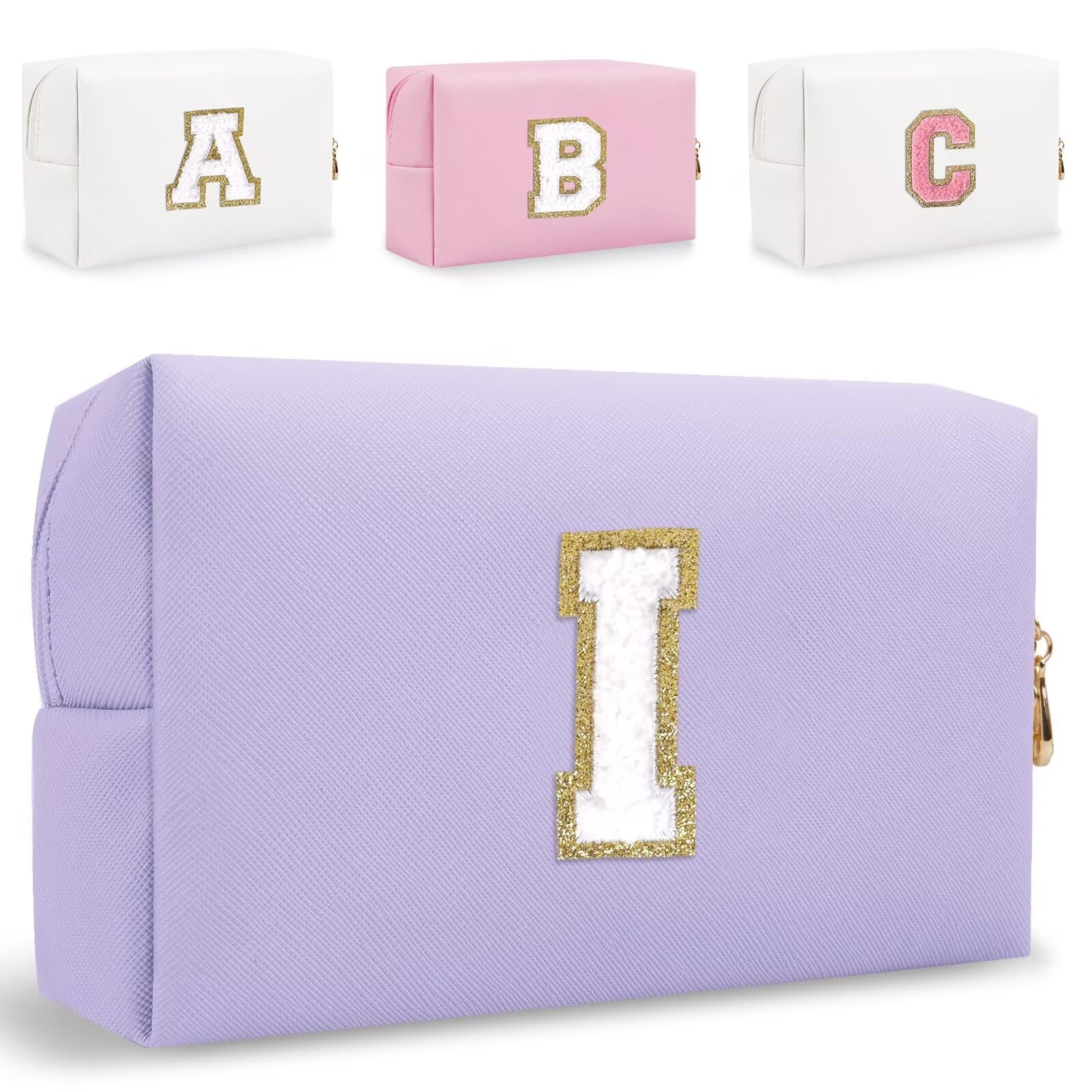 Small Personalized Letter Makeup Bag, Cute PU Leather Chenille Letters Cosmetic Bag Travel Makeup Pouch, Preppy Travel Organizer Zipper Pouch for Women&Girls（Purple-I）