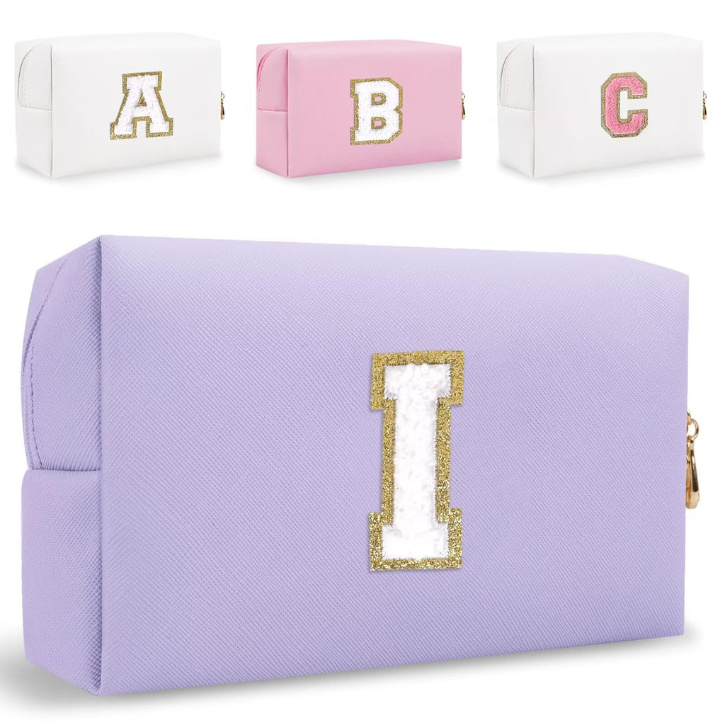 Small Personalized Letter Makeup Bag, Cute PU Leather Chenille Letters Cosmetic Bag Travel Makeup Pouch, Preppy Travel Organizer Zipper Pouch for Women&Girls（Purple-I）