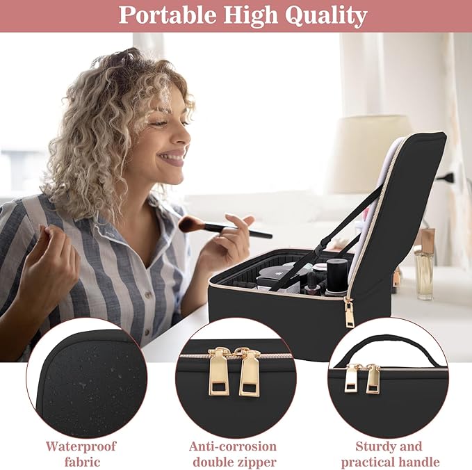Comeacross Makeup Case with LED Mirror,Makeup Organizer Bag Travel Makeup Case Large Makeup Bag With Rechargeable Mirror 3 Color Lights Detachable Mirror for Women Beauty Tools Accessories（Black）