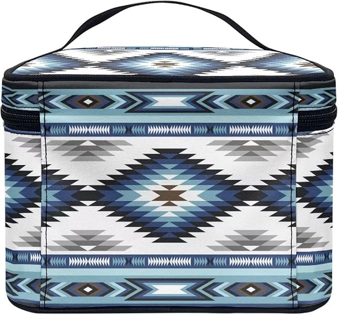 Drydeepin Western Makeup Bags for Woment Tribal Ethnic Tribal Aztec Navajo Portable Cosmetic Travel Bags with Zipper and Carry Handle Large Capacity Toiletry Case Organizer Storage Pouch