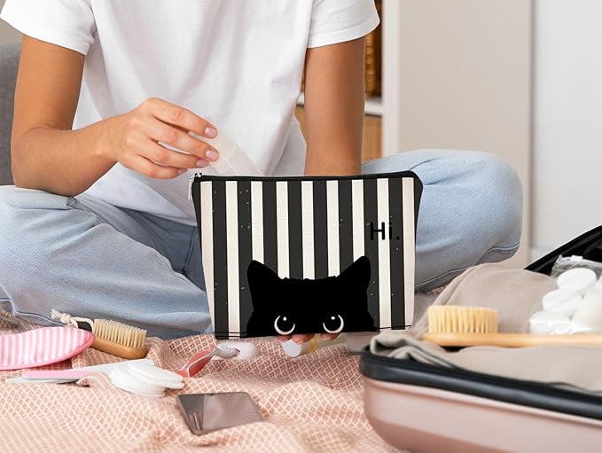 BARPERY Striped Cat Makeup Bag - Small Cute Cosmetic Bag for Women & Teen Girls - Black Cat Purse Gift for Cat Lovers & Owners