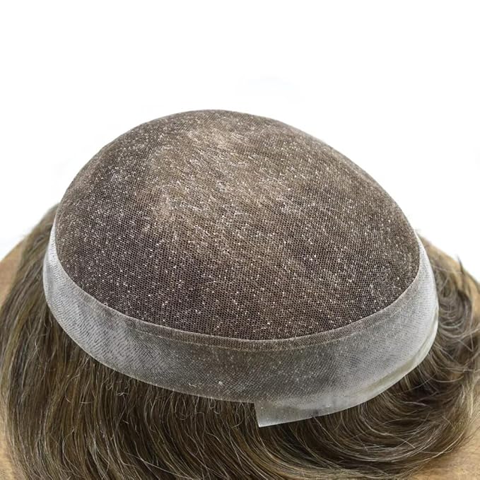 FACE MIRACLE Mens Toupee Lace Front Hairpieces Soft Human Hair Replacement System Natural Hairline Toupee for Men French Lace Poly V-Looped Mens hair Units 6"X9" #630 Light Brown with 30% Gray